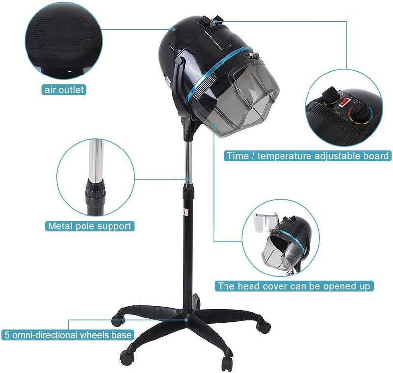 woobles Stand Hair Dryer, Adjustable Temperature Control Dryer Movable Hooded Timing Floor Bonnet Salon Styling Tool, 110v Professional Rolling Base with Wheels Equipment Dryers for Home Spa Drying Beauty - Image 2